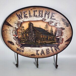 Welcome To Our Cabin Welcome Coat Rack With 3D Log Cabin Scene Wall Art Vintage